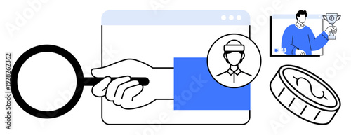 Hand holding magnifying glass over digital profile, user identity icon, trophy winner image, and coin symbol. Ideal for cybersecurity, fraud prevention, user verification, financial services, online