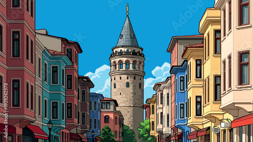 colorful european street with historical tower hand drawn vector illustration travel and architecture