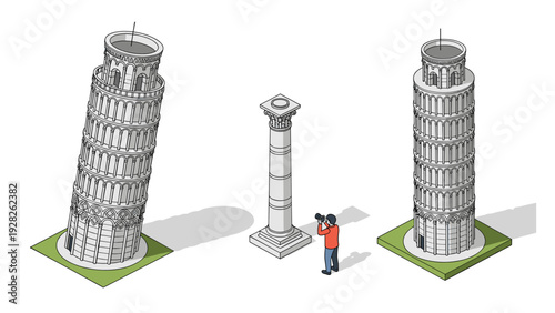 isometric leaning tower of pisa and roman column with photographer hand drawn architectural illustration