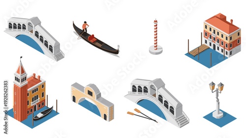 isometric venice city landmarks collection with gondola bridges buildings and street lamp in flat style