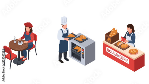 isometric bakery scene with woman drinking coffee baker placing bread in oven and vendor at boulangerie counter hand drawn style
