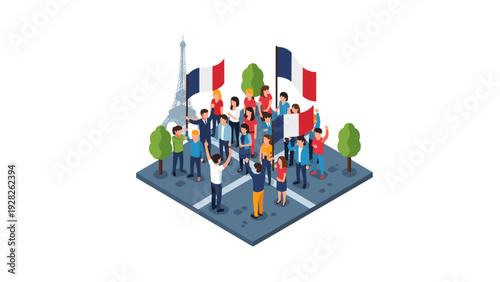 isometric group of people holding french flags near eiffel tower vector illustration