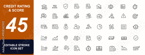 Credit Rating and score web icons in line style. Credit score, loan approval, banking risk, mortgage audit, payment history, credit card set. Editable stroke. Vector illustration.