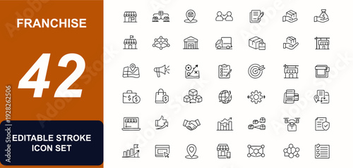 Franchise web icons in line style. Retail expansion, brand partnership, store location, business agreement, distribution network, shop signage, set. Editable stroke. Vector illustration.
