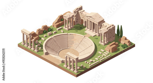 isometric ancient roman amphitheater ruins with columns and stone walls digital illustration