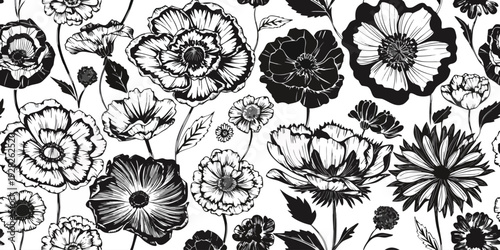 Seamless vector pattern with black and white hand drawn detailed poppy flowers botanical illustration vintage floral print background design