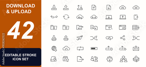 Download and upload icons in line style. Arrow transfer, file exchange, cloud sync, online action, web interface, navigation button, data sharing set. Editable stroke. Vector illustration.
