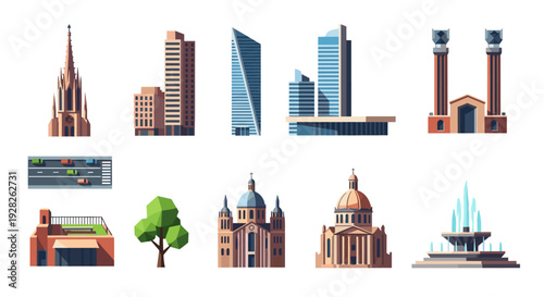 collection of modern and historic city buildings landmarks and urban elements in flat design
