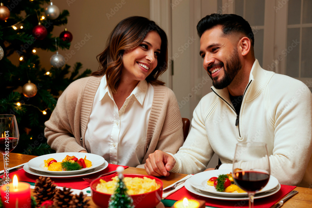 Fototapeta premium Caucasian woman and Hispanic man sitting at festive dinner table smiling and holding hands, celebrating holiday meal together with decorated Christmas tree and food in background