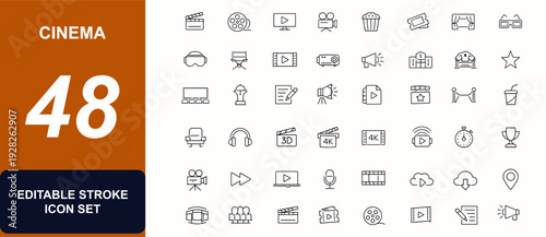 Cinema web icons in line style. Movie theater, popcorn bucket, film reel, video playback, 3D cinema, VR goggles, entertainment, media, cinema set. Editable stroke. Vector illustration.
