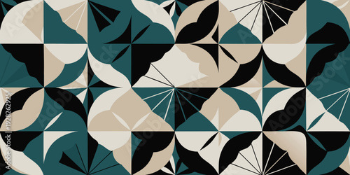 Abstract geometric pattern with mid century modern motifs featuring circular shapes and sharp triangles in teal beige black colors for sophisticated textile design and wall decor art