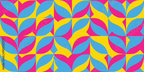 Vibrant pop art geometric pattern with bold leaf shapes in bright yellow pink and cyan blue colors for energetic summer fashion prints and playful kids room wallpaper backgrounds