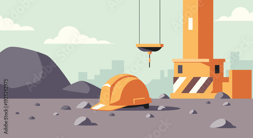 construction helmet on ground with crane and industrial building background flat vector illustration