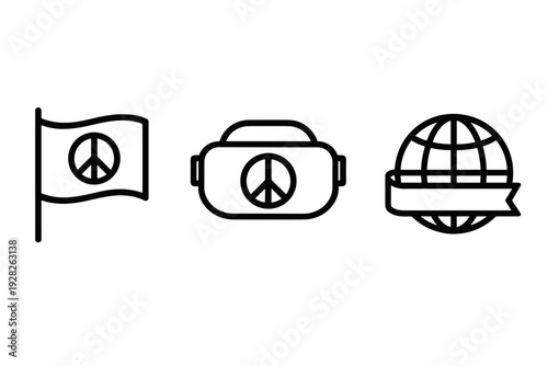 peace symbol flag altruistic bag and globe with ribbon icons set in hand drawn outline style