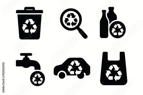set of black recycling icons with trash bin magnifying glass bottles faucet car and bag silhouettes