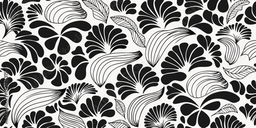 Dynamic black and white floral pattern featuring a variety of stylized flowers and leaves both solid and outlined creating a vibrant nature illustration