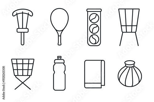 hand drawn tennis equipment icon set with racket balls basket water bottle towel and ice bag in outline style