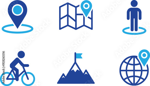 Travel and Navigation Map Icons. Global Location, Mountain Peak, and Active Lifestyle. Vector Illustration