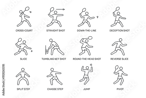 set of twelve hand drawn badminton player movement and shot icons in line art style for sports illustration