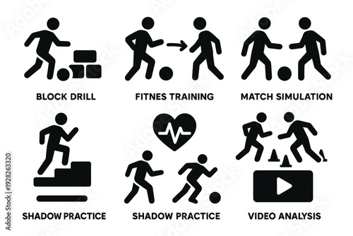 black silhouette soccer training icon set with drills shadow practice match simulation and video analysis