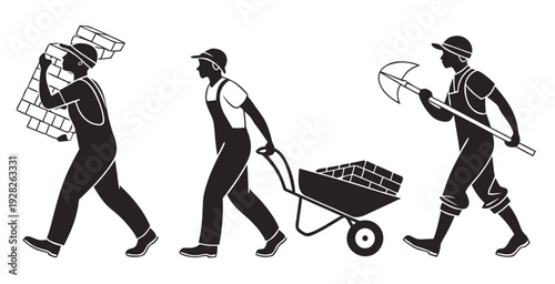 Construction worker pictogram set showing laborers carrying materials walking with wheelbarrow and tools isolated silhouettes .vector icon