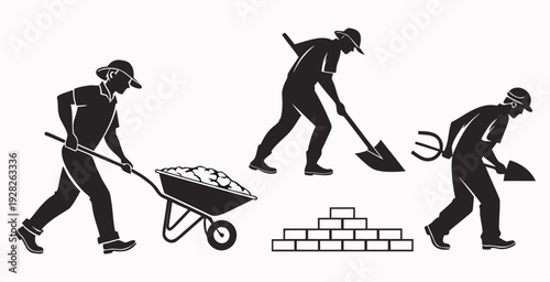 Construction worker pictogram set showing laborers carrying materials walking with wheelbarrow and tools isolated silhouettes .vector icon