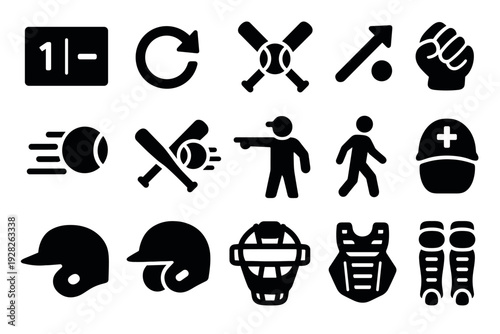 baseball sports equipment and activity black silhouette icon set
