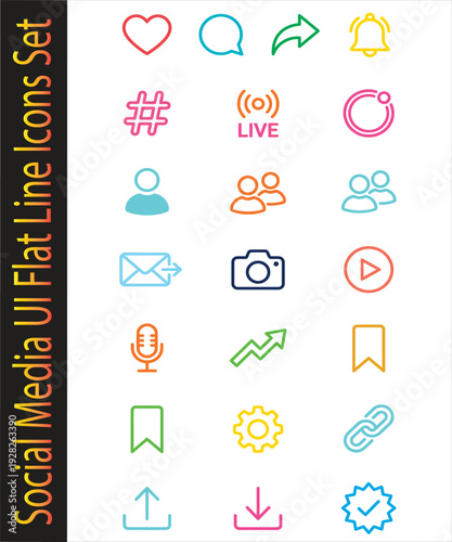 Social Media UI Flat Line Icons Set. Includes heart, chat, share, notification, hashtag, live, refresh, user, group, message, camera, play, microphone, growth, bookmark, settings, link, upload