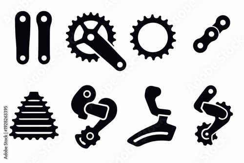 set of black bicycle gear and chain hand drawn icons in flat style for cycling and repair design