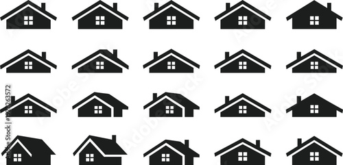 Black house roof silhouette icons set with various residential home shapes, real estate property and construction concept vector illustration on white background,