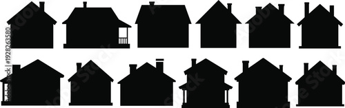Black house silhouette icons set with various residential building shapes, real estate property architecture and home neighborhood concept vector illustration on white background,