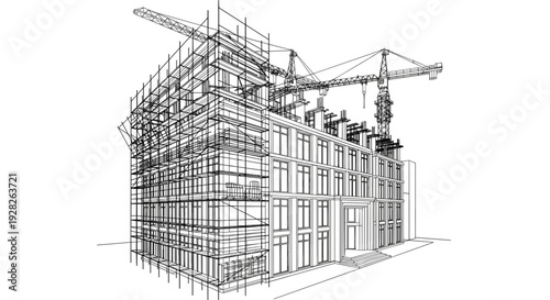 Building Under Construction with Scaffolding and Cranes.