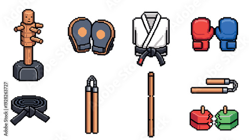 pixel art martial arts equipment set with training dummy gloves uniform and weapons