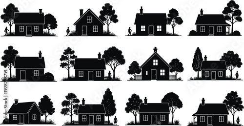 Silhouette houses vector illustration, diverse residential architecture designs with trees and people, traditional home silhouettes, urban planning inspiration, decorative black artwork collection