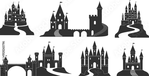 Medieval castle silhouette set with fortress towers and palace gate icons vector collection isolated on white background for design