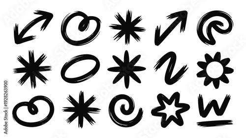 Black Brush Stroke Arrows Stars and Shapes Keywords: abstract, art, arrow, black, brush, circle