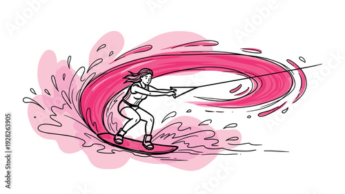 woman wakeboarding riding wave hand drawn line art sports illustration