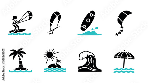 set of hand drawn water sports equipment and tropical beach icons including kite surfing windsurf wave palm island and umbrella