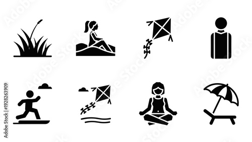 set of hand drawn summer outdoor icons including grass girl on hill kite flying person running yoga lounge chair and umbrella