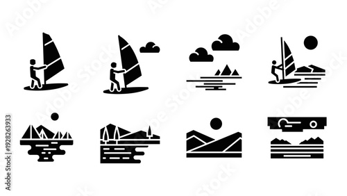 black and white silhouette icons of windsurfing landscapes and nature scenes set