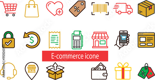 E-commerce outline icon collection. Includes shopping cart, bag, heart, tag, barcode, delivery truck, package, lock, return, receipt, POS terminal, store, mobile shopping, website, headphones