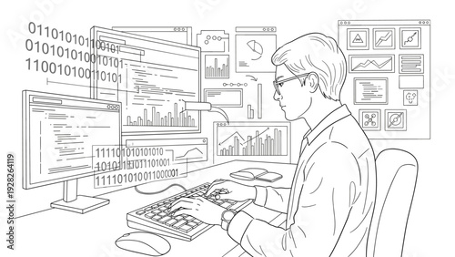 young man working on computer programming and data analysis in hand drawn line art style