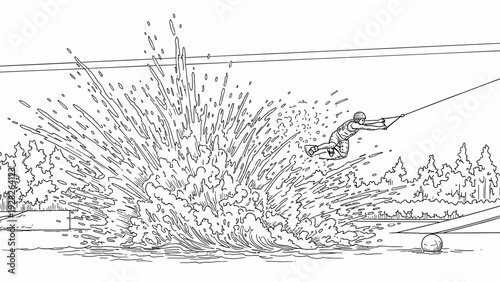 wakeboarding action splash with hand drawn line art of athlete jumping on water with cable system and forest background