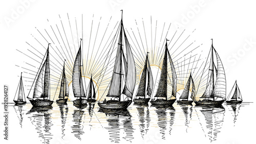 hand drawn sailing boats with sails reflected on water and sun rays in the background vector illustration