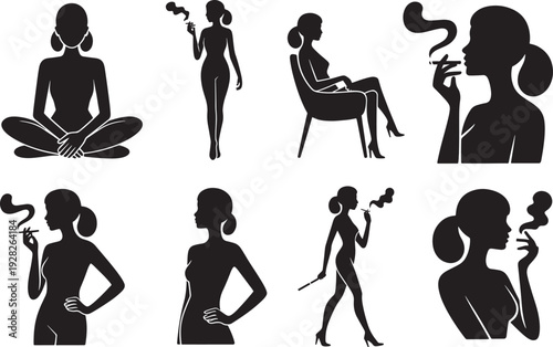 Silhouettes of women in various yoga and meditation poses with flowers