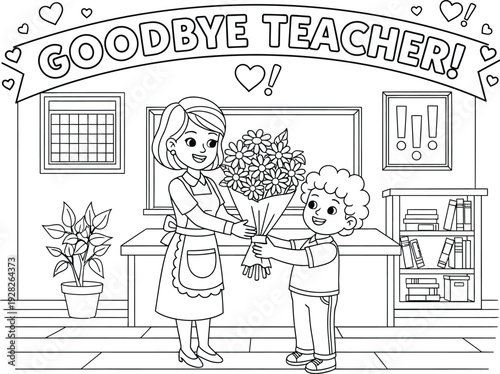 Heartfelt goodbye scene with student giving teacher flowers