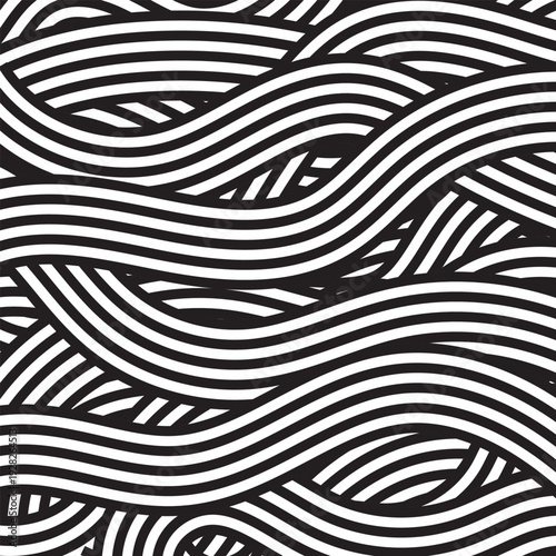 Black and White Wavy Braided Lines Abstract | Psychedelic Optical Illusion Interwoven Waves Pattern | Hypnotic Moire Weave Modern Seamless Background 