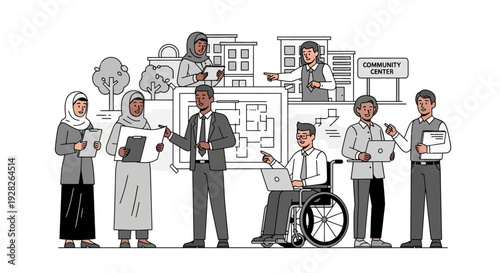 Diverse team collaborating on urban planning project at community center