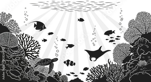Underwater scene illustration with fish coral reef and light rays