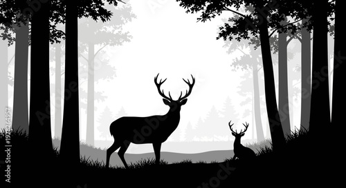 Silhouetted deer in a forest wildlife scene against a white backdrop